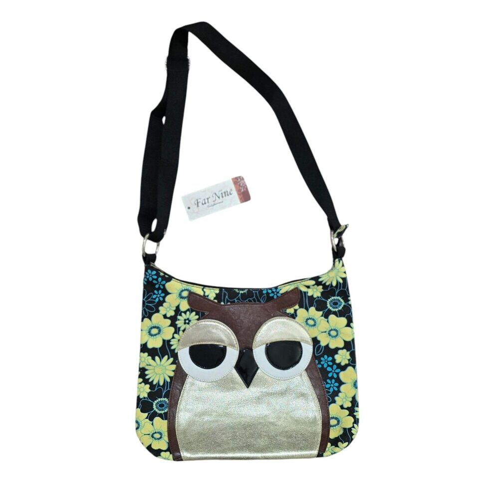 Far Nine Owl Crossbody Bag Floral Print Yellow Blue Black NWT
